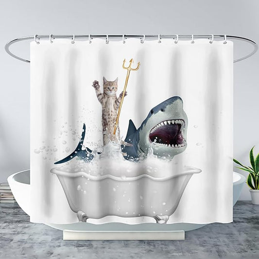AILONEN 3D Bathtub Shark Shower Curtain for Kids 180 * 200 Inch,Cat Riding Shark in a Bathtub Shower Curtain,12 Pack Hooks Polyester Waterproof Fabric Decor for Bathroom Bathtub Panels