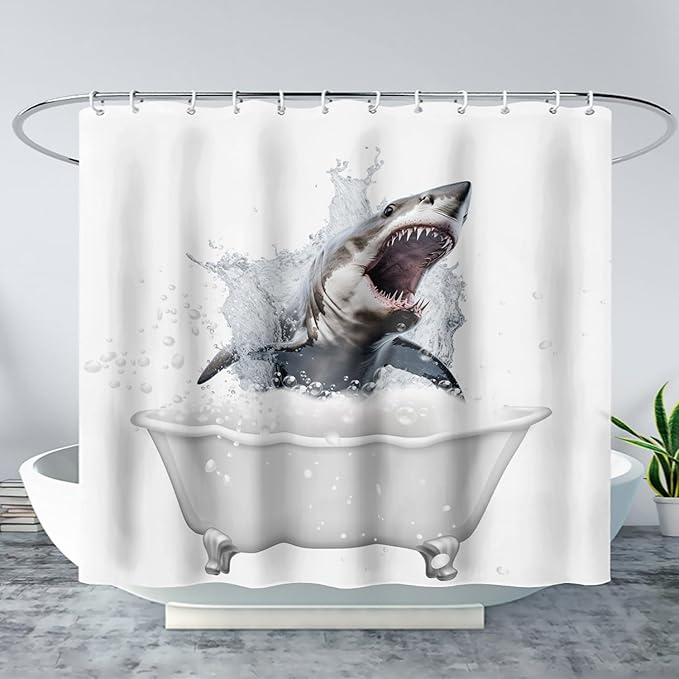 AILONEN 3D Bathtub Shark Shower Curtain for Kids 90 * 180 Inch,Fierce Shark in a Bathtub Shower Curtain,12 Pack Hooks Polyester Waterproof Fabric Decor for Bathroom Bathtub Panels