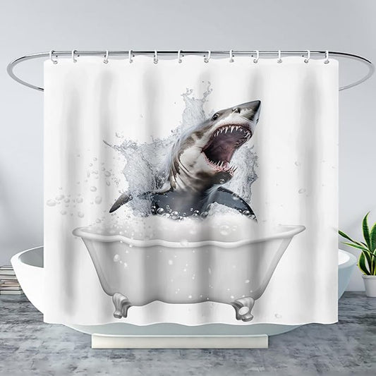 AILONEN 3D Bathtub Shark Shower Curtain for Kids 120 * 180 Inch,Fierce Shark in a Bathtub Shower Curtain,12 Pack Hooks Polyester Waterproof Fabric Decor for Bathroom Bathtub Panels