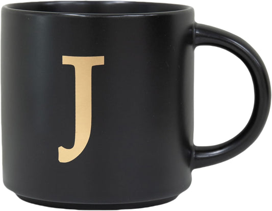 COLLECTIVE HOME - Monogram Ceramic Mugs, 15 oz Golden Initial Black Coffee Cups, Elegant Alphabet Tea Mugs, Elegant Personalized Mug with Gift Box, Unique Mug with Double Side Capital Lette (J)