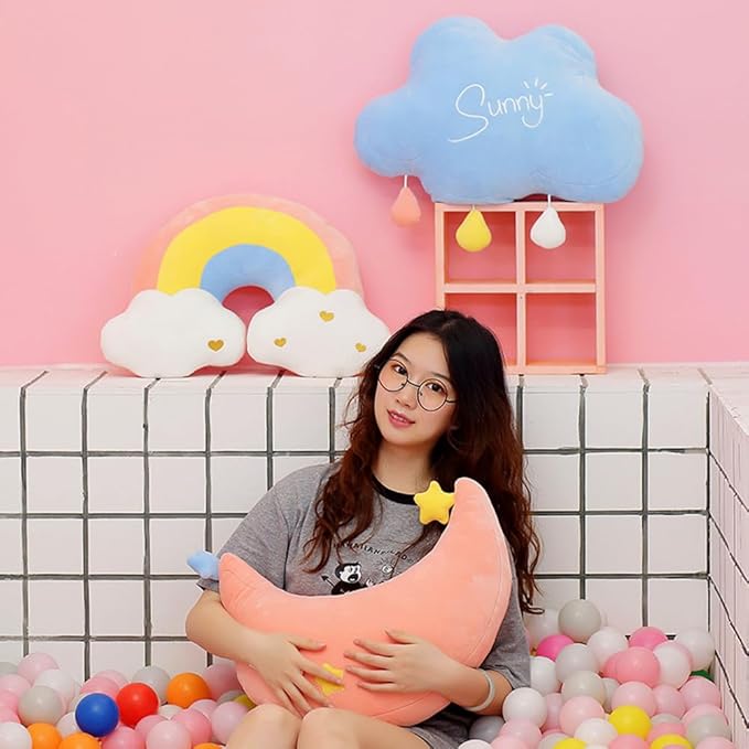 Moon Rainbow Cloud Pillow Cushion, Soft Plush Cloud Shaped Pillow Stuffed Rainbow and Moon Nursery Decor,Bedside Sofa Sleeping Pillow, Kids Cute Candy Color Cushion (Rainbow)