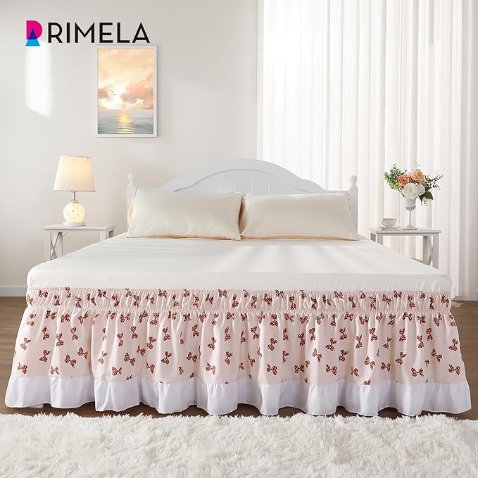 RIMELA Light Pink Elastic Bed Skirt Queen Szie 14 inch Drop, Bedskirt Easy to Put On, Solid Wrap Around Dust Ruffle, Fade Resistant Silky Fabric Machine Washable