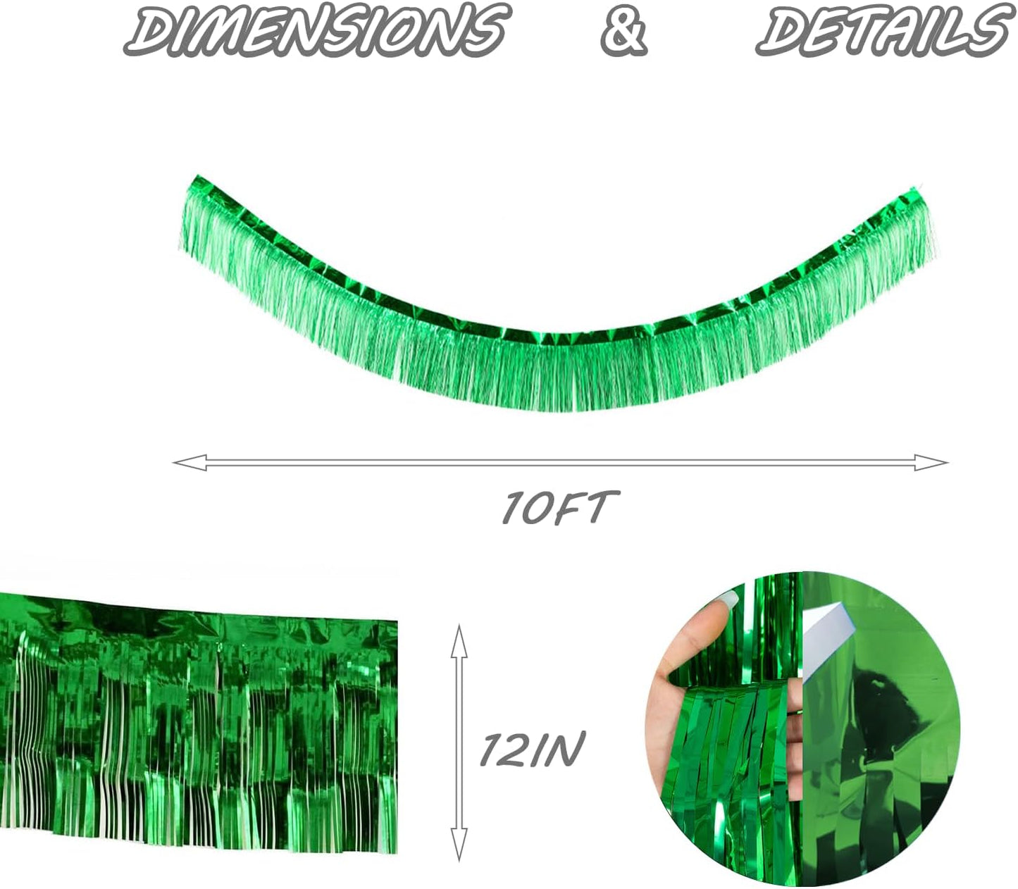Green Foil Fringe Garland 10FT 2packs, Metallic Foil Tinsel Fringe Banners for Parade Float Decorations Wedding, Birthday Party Graduation (Two Green)