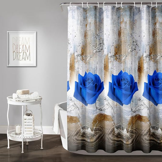 AILONEN Blue Rose Shower Curtain for Girls 3D Rose Water Droplet Retro Bathroom Decor,Modern Rose Flower Couple Lover Women Bath Curtain 72" W*72" H Polyester Waterproof Bathroom Curtain with Hooks