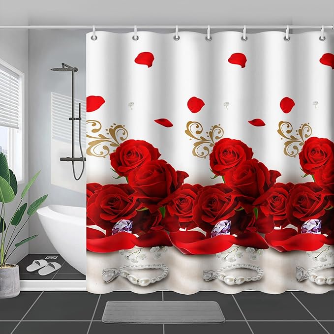 AILONEN Rose Flower Shower Curtain for Bathroom,Red Rose Bathroom Curtain for Girls Women,Romantic Flower Bath Curtain 36" W*72" H Polyester Waterproof Bathroom Curtain with Hooks