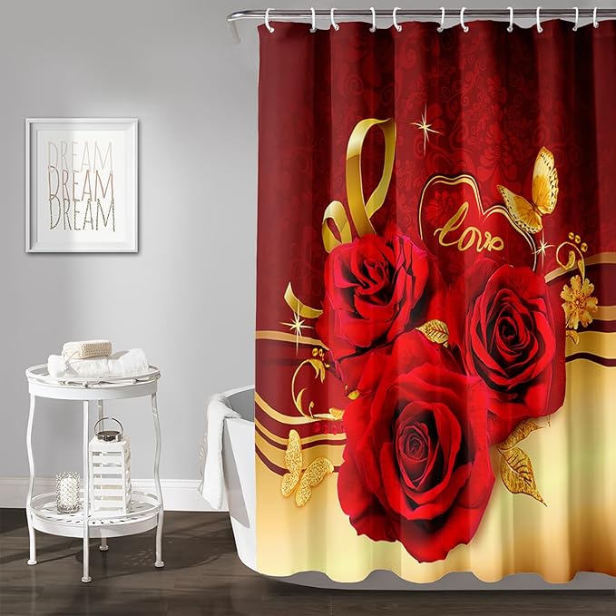 AILONEN Red and Gold Shower Curtain,Red Rose Hearts Printed Bath Curtain,Romantic Luxury Rose Flower Waterproof Curtain for Bathroom Decor 72" W x 96" H