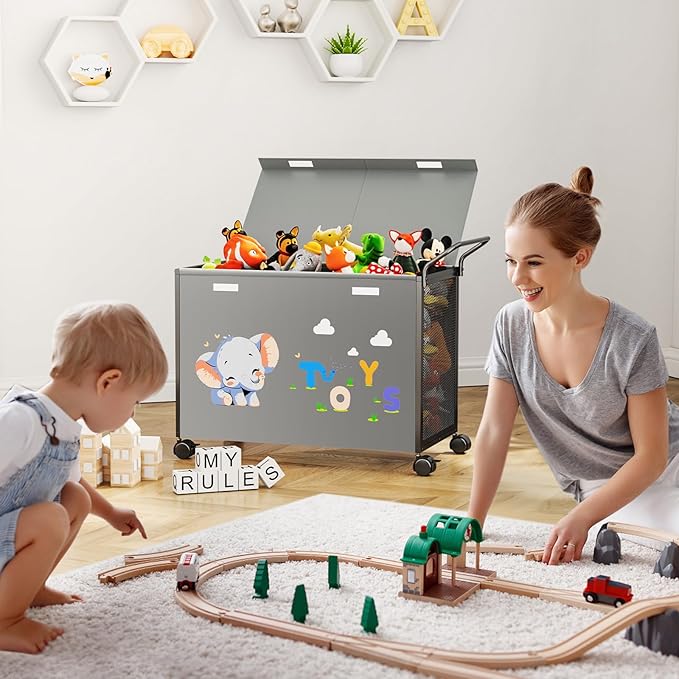 Toy Box Toy Storage - 72L Kids Toy Organizer with Wheels Toy Chest Storage Bins with Lids, Toy Boxes for Girls Boys, Stuffed Animals, Clothes, Bedroom, Living Room （grey）