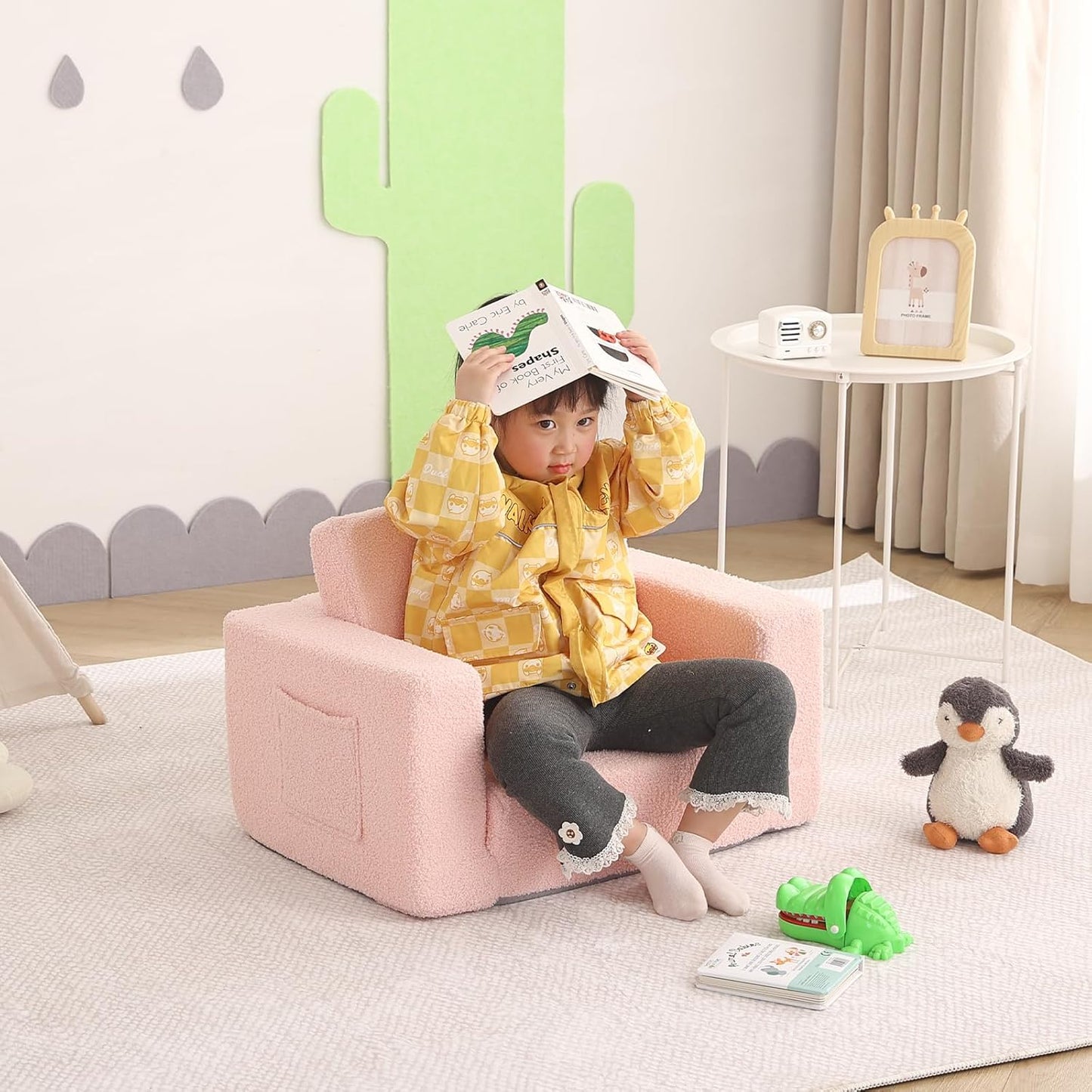 Welnow 2-in-1 Kids Sofa Chair, Convertible Toddler Chair Flip Out Children Sofa Chair Folding Kids Play Sofa with Side Pockets & Removable Cover Armrest Chair for Girl or Boy