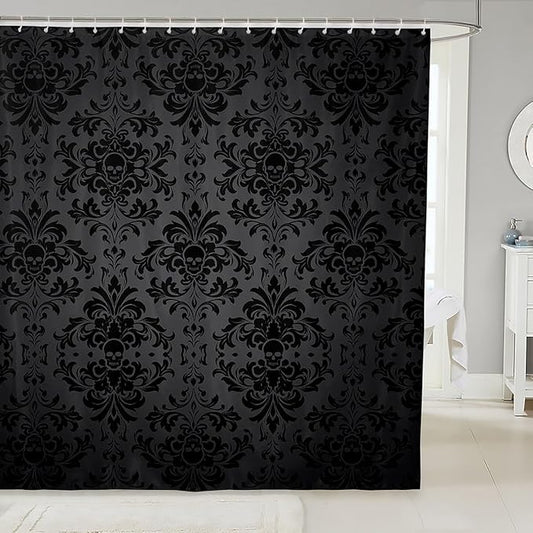 Feelyou Black Damask Shower Curtain 72"x72" Kids Vintage Floral Bathroom Shower Curtain Set for Boys Girls Teens Antique Victorian Baroque Bath Curtain Gothic Bone Skeleton Bathroom Accessories