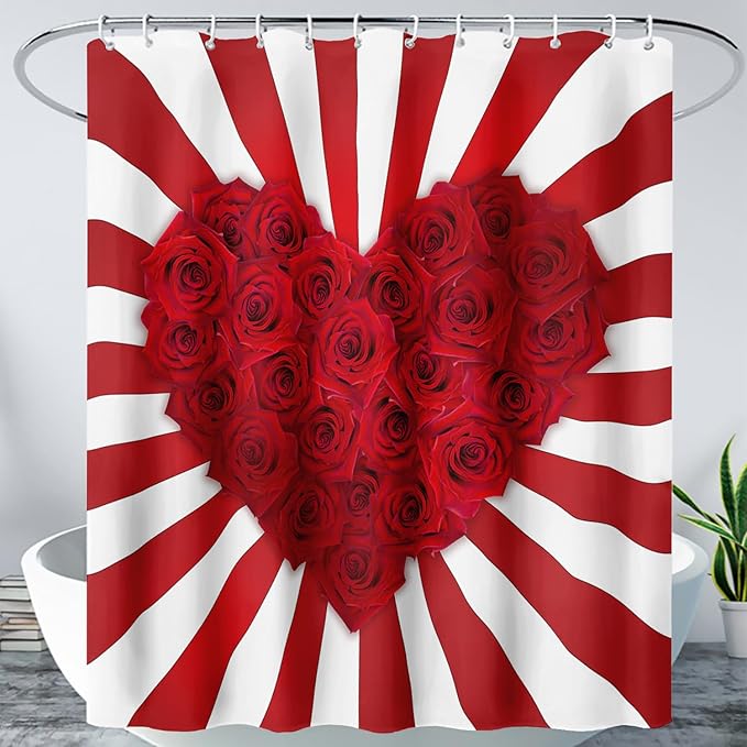 AILONEN Red Rose Hearts Print Shower Curtain for Bathroom, Romantic Flower Red and White Stripe Bathroom Decor 72" W*84" H Bath Curtain Polyester Waterproof Shower Curtain with 12 Hooks