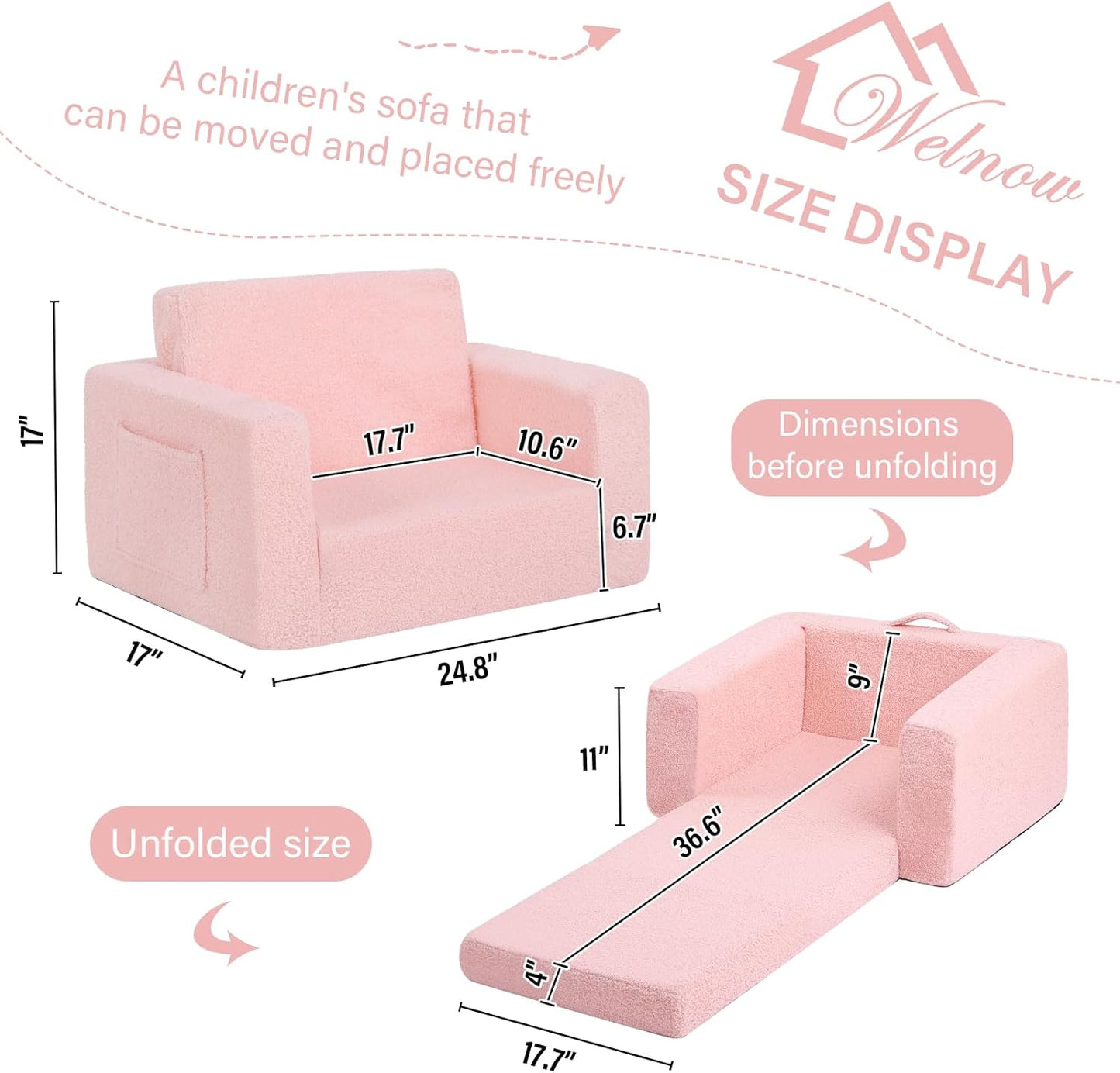 Welnow 2-in-1 Kids Sofa Chair, Convertible Toddler Chair Flip Out Children Sofa Chair Folding Kids Play Sofa with Side Pockets & Removable Cover Armrest Chair for Girl or Boy