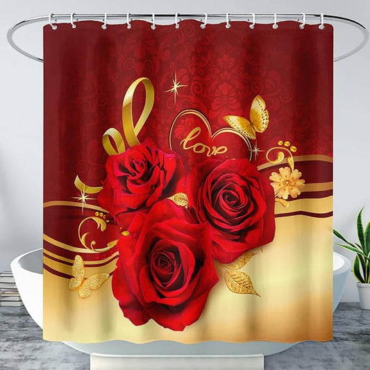 AILONEN Red and Gold Shower Curtain,Red Rose Hearts Printed Bath Curtain,Romantic Luxury Rose Flower Waterproof Curtain for Bathroom Decor 72" W x 96" H