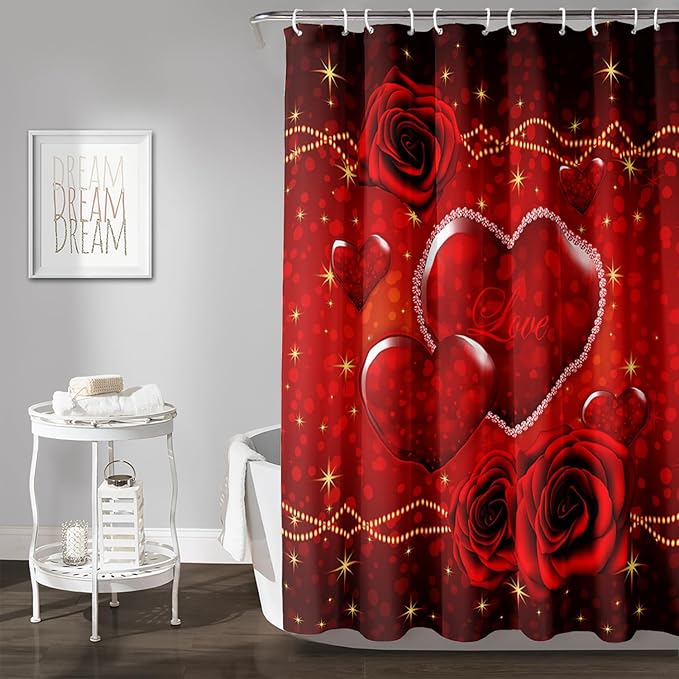 AILONEN Red Hearts Rose Shower Curtain for Bathroom Decor, Romantic Flower Bathroom Curtain 72" W*78" H,Valentine Bath Curtain Polyester Waterproof Shower Curtain with 12 Hooks