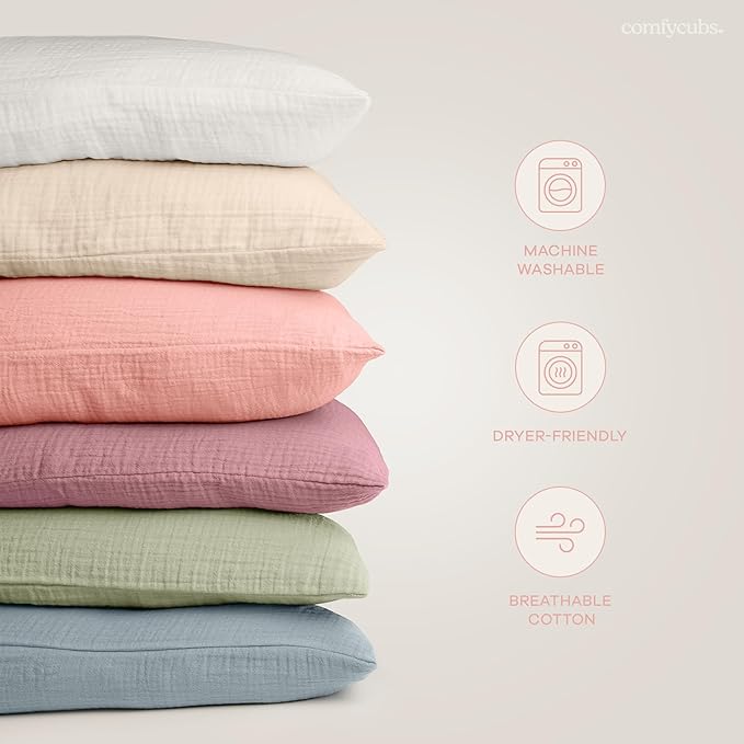 Comfy Cubs Toddler Pillow with Soft Muslin Pillowcase, 13"x18", Blush (2 Pack) - Kids Pillow for Sleeping & Travel - Comfortable Small Pillow - Kids Travel Pillow with Breathable Microfiber Fill