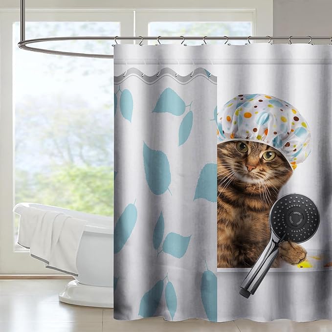 AILONEN Funny Cat with Shower Cap Shower Curtain for Kids 72" W*72" H Inch,Cute Kitten Taking Shower Bathroom Curtain,12 Pack Hooks Polyester Waterproof Fabric Decor for Bathroom,Blue