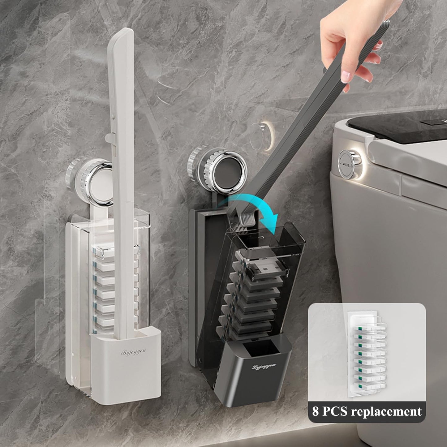 Disposable Toilet Brush with Replaceable Heads, Wall-Mounted Holder, Hygienic Bathroom Cleaning Tool (48 Box Refills)