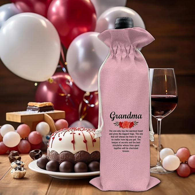 HOIJAUMAI Grandma Gift From Grandson Granddaughter, Grandma Wine Bag Grandma Wine Gift Bags for Birthday Mother's Day (Pink)