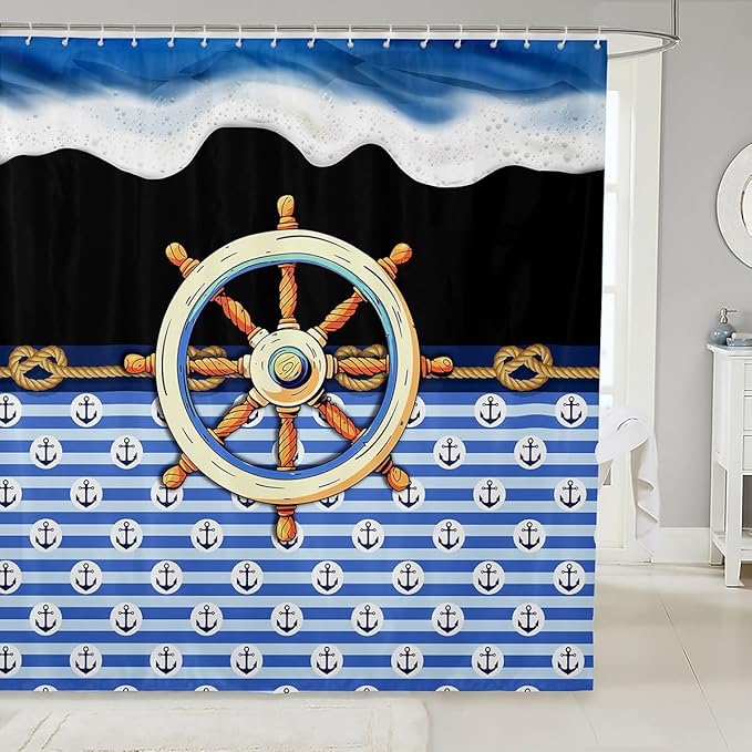 Feelyou Anchor Decor Shower Curtain 72"x72" Kids Nautical Bathroom Shower Curtain Set for Boys Girls Teens Black Blue Ocean Wave Bath Curtain Marine Theme Compass Print Bathroom Accessories