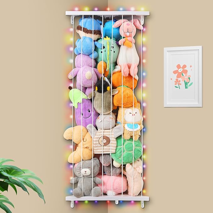 Stuffed Animal Storage Corner Plush Toys Holder with Star Pattern,Stuffed Animals Holder with LED Light,Large Corner Kids Plushies Toys Wall Hangingwith Adjustable Length for Nursery Playroom Bedroom