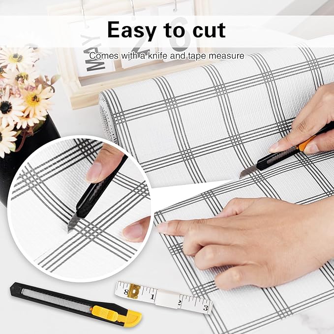 Shelf Liner,Drawer Liner for Kitchen Cabinet,24 in x 10 FT Cabinet Liners Non-Adhesive Non-Slip Contact Paper Waterproof Kitchen Liner Protect Desks, Cupboard with Knife and Tape Measure