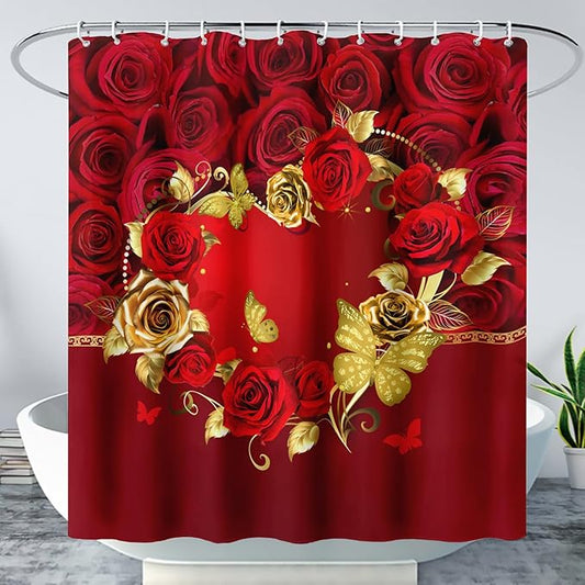 AILONEN Red Rose Couple Shower Curtain,Red and Gold Hearts Printed Bath Curtain,Modern Waterproof Luxury Rose Themed Bathroom Decor, 72" W x 72" H