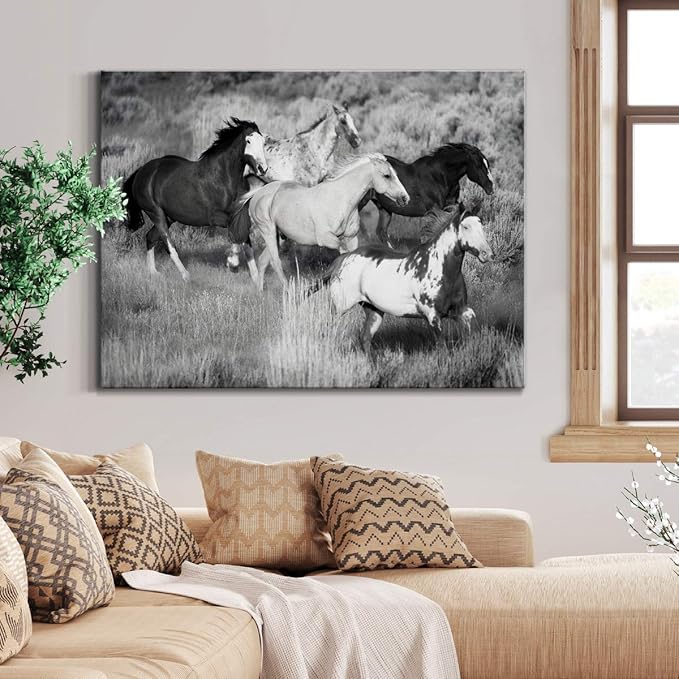 Renditions Gallery Canvas Animal Wall Art Modern Decorations Paintings Running Vintage Horses Black & White Nature Wall Hanging Artwork Prints for Bedroom Office Kitchen - 32"x48" LT33