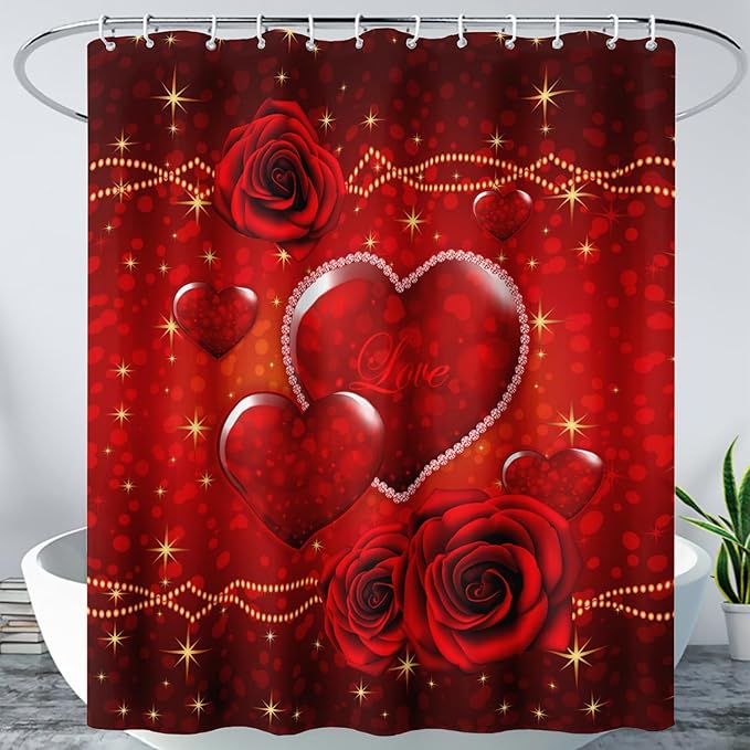 AILONEN Red Hearts Rose Shower Curtain for Bathroom Decor, Romantic Flower Bathroom Curtain 72" W*96" H,Valentine Bath Curtain Polyester Waterproof Shower Curtain with 12 Hooks