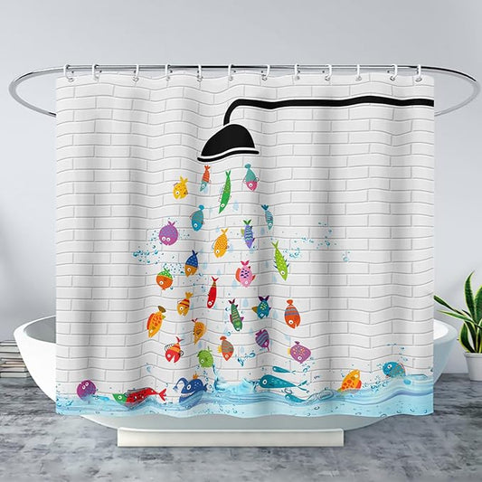 AILONEN Cute Fish Shower Curtain for Kids 72" W*72" H Inch,Raining Fish Playing Water Shower Curtains,12 Pack Hooks Polyester Waterproof Fabric Decor for Bathroom Bathtub Panels