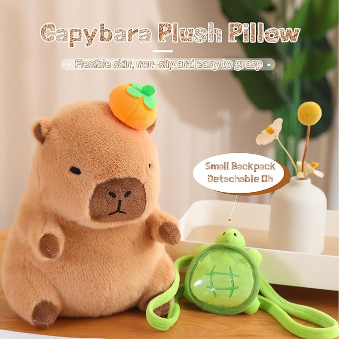 Cute Capybara Plush with Turtle Backpack Kawaii Capybara Stuffed Animal with Orange Capybara Plushies Soft Capybara Pillow Toy Birthday for Kids Boys Girls 12 inch