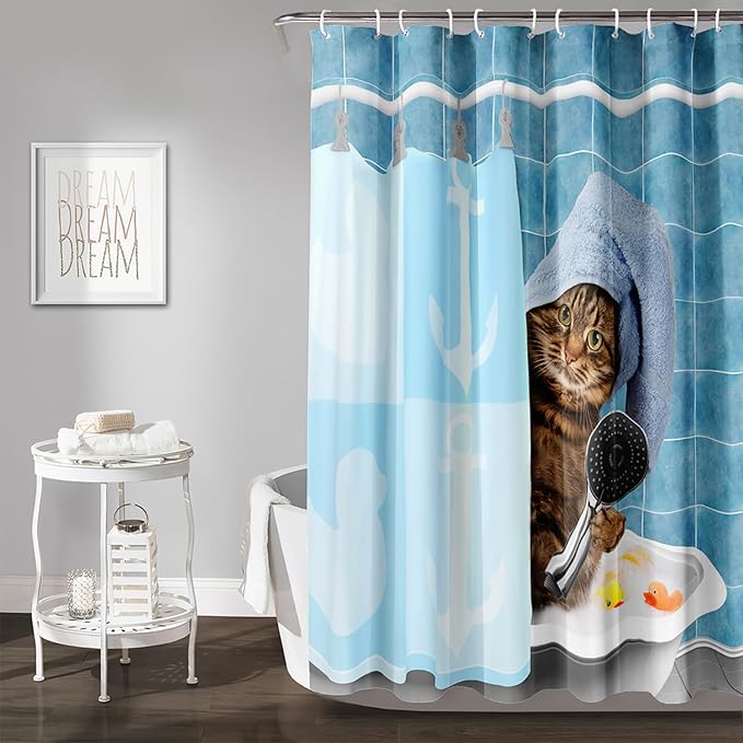 AILONEN Funny Cat Shower Curtain for Kids 36" W*72" H Inch,Cute Kitten Taking Shower Bathroom Curtain,12 Pack Hooks Polyester Waterproof Fabric Decor for Bathroom,Blue