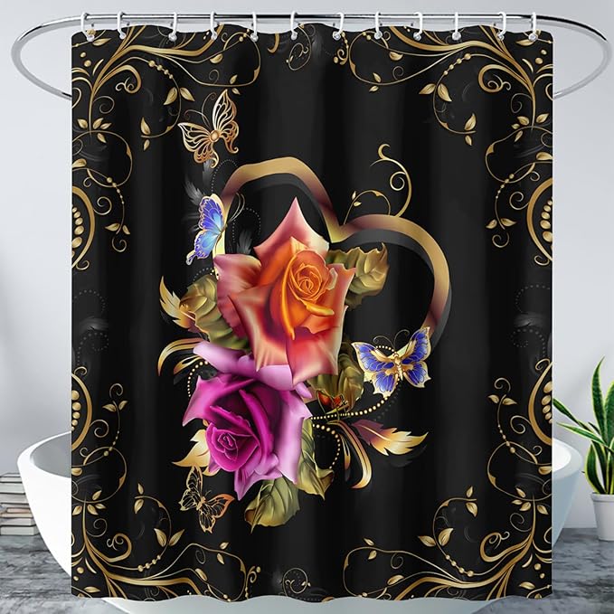 AILONEN Girls Rose Floral Shower Curtain 60" W*72" H for Bathroom, Gold Yellow Flower Butterfly Bathroom Curtain,Women Teen Girls Flower Bath Curtain Polyester Waterproof Bath Curtain with 12 Hooks