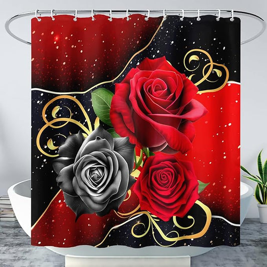 AILONEN Romantic Red Rose Flower Shower Curtain,Red and Black Floral Bath Curtain,Modern Flower Waterproof Curtain for Bathroom Decor, 72" W x 72" H