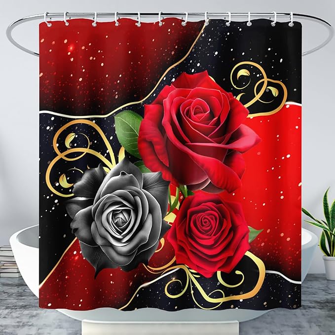 AILONEN Romantic Red Rose Flower Shower Curtain,Red and Black Floral Bath Curtain,Modern Flower Waterproof Curtain for Bathroom Decor, 72" W x 78" H