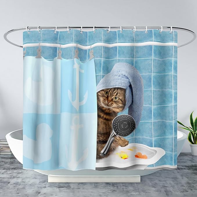 AILONEN Funny Cat Shower Curtain for Kids 72" W*72" H Inch,Cute Kitten Taking Shower Bathroom Curtain,12 Pack Hooks Polyester Waterproof Fabric Decor for Bathroom,Blue