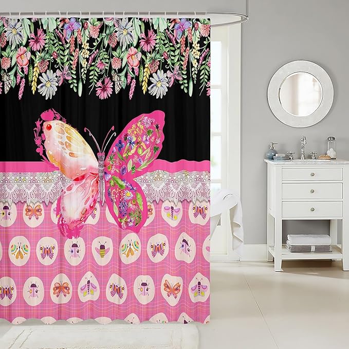 Feelyou Butterfly Shower Curtain 72"x84" Botanical Floral Flower Printed Bathroom Shower Curtain Set for Boys Girls Teens Black Pink Bath Curtain Garden Animal Natural Theme Bathroom Accessories
