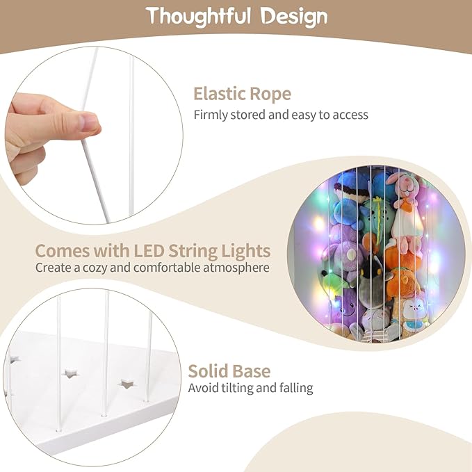 Stuffed Animal Storage Corner Plush Toys Holder with Star Pattern,Stuffed Animals Holder with LED Light,Large Corner Kids Plushies Toys Wall Hangingwith Adjustable Length for Nursery Playroom Bedroom