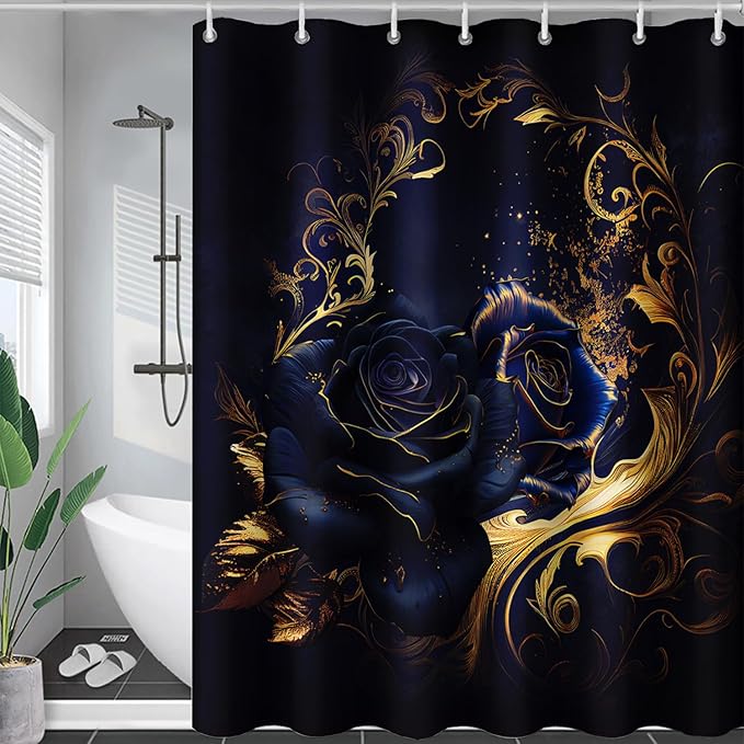AILONEN Blue Rose Shower Curtain 36"W*72"H for Bathroom,Mystic Blue Gold Flower Glitter Rose Print Bath Curtain,Girls Women Teen Adults Bath Curtain Polyester Waterproof Shower Curtain With 12 Hooks