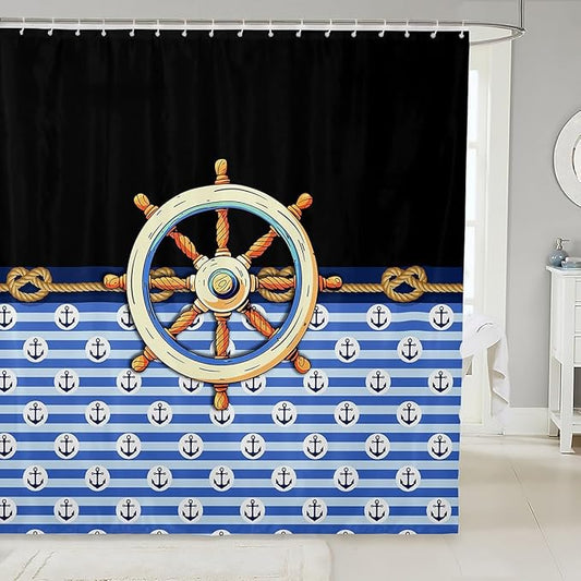 Feelyou Anchor Decor Shower Curtain 72"x72" Kids Nautical Bathroom Shower Curtain Set for Boys Girls Teens Black Blue Bath Curtain Marine Theme Compass Print Bathroom Accessories