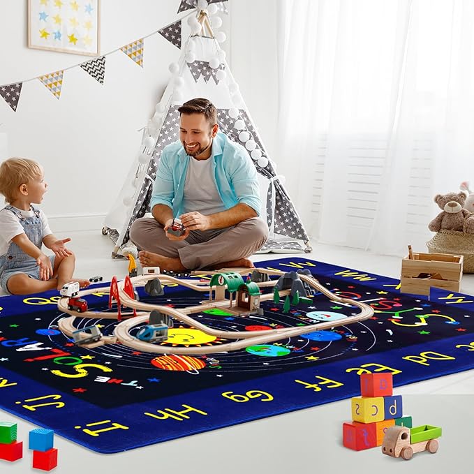 Kids Rug 3x5 Rug Solar System Pattern Nursery Rug Baby Soft Area Rug Non Shedding Carpet for Babyroom Play Room Non Slip Educational Rug Galaxy Outer Space Playmat, Blue|Solar System 3'x5'