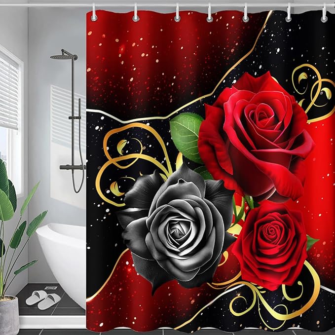 AILONEN Romantic Red Rose Flower Shower Curtain,Red and Black Floral Bath Curtain,Modern Flower Waterproof Curtain for Bathroom Decor, 72" W x 78" H