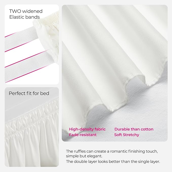 RIMELA White Bed Skirt Full Size 15 Inch Drop, Wrap Around Elastic Adjustable Bedskirt, Bed skirting Dust Ruffle for Bed Frame & Box Spring Soft Durable Fabric Machine Washable Easy to Install