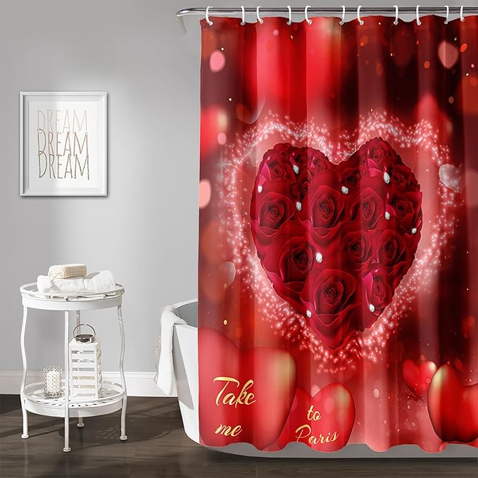 AILONEN Red Rose Hearts Printed Shower Curtain,Romantic Rose Lover Couple Bath Curtain,Fantasy Love Hearts Red Curtain for Bathroom Decor 36" W x 72" H,Waterproof