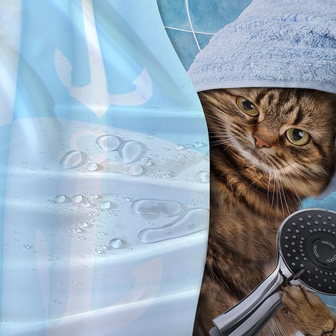 AILONEN Funny Cat Shower Curtain for Kids 72" W*78" H Inch,Cute Kitten Taking Shower Bathroom Curtain,12 Pack Hooks Polyester Waterproof Fabric Decor for Bathroom,Blue