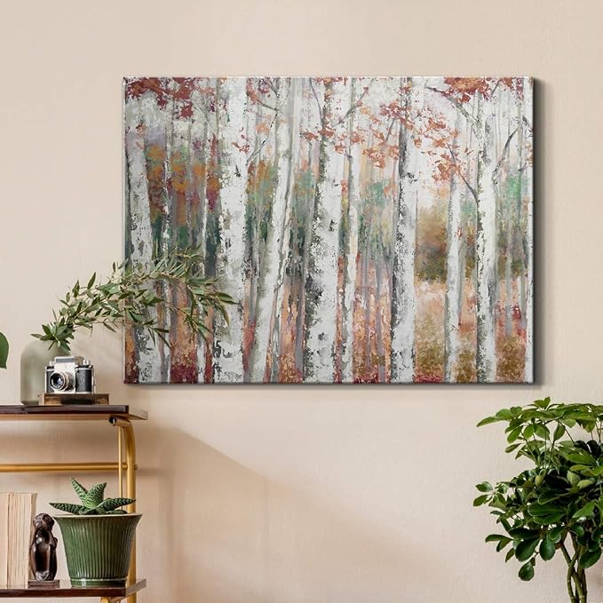 Renditions Gallery Canvas Nature Wall Art Modern Paintings Decorations Autumn Birch Forest Rustic Abstract Vibrant Foliage Wall Hanging Artwork for Bedroom Office Kitchen - 32"x48" LT33