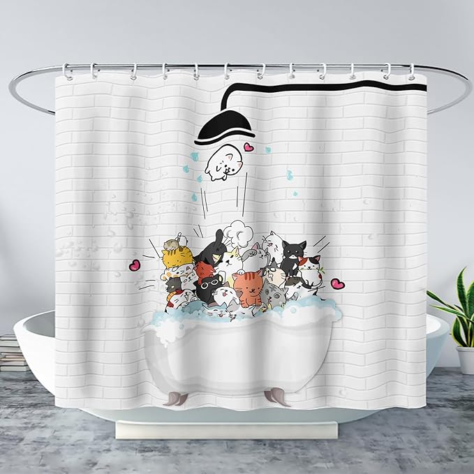 AILONEN Cute Cats Shower Curtain for Kids 72" W*78" H Inch,Kawaii Hilarious Funny Cat Pet Playing Water Shower Curtain,12 Pack Hooks Polyester Waterproof Fabric Decor for Bathroom Bathtub Panels