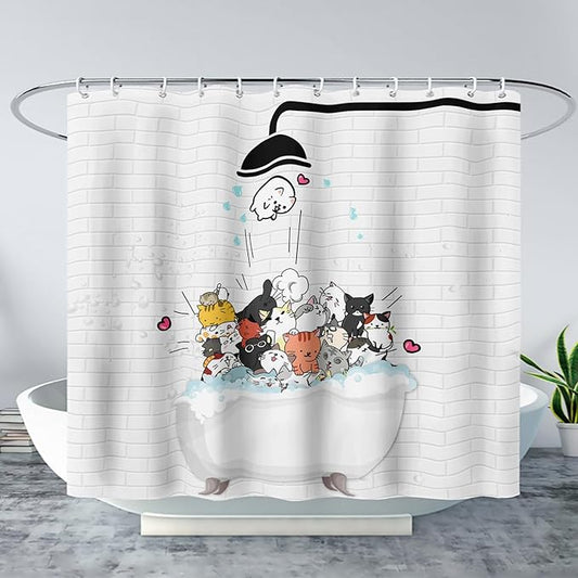 AILONEN Cute Cats Shower Curtain for Kids 48" W*72" H Inch,Kawaii Hilarious Funny Cat Pet Playing Water Shower Curtain,12 Pack Hooks Polyester Waterproof Fabric Decor for Bathroom Bathtub Panels