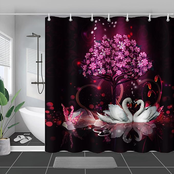 AILONEN Romantic Love Theme Shower Curtain for Girls Pink Love Tree Floral Valentine Bathroom Decor,Swan Couple Lover Bath Curtain 60" W*72" H Polyester Waterproof Bathroom Curtain with Hooks