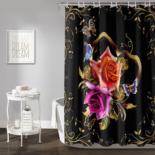 AILONEN Girls Rose Floral Shower Curtain 72" W*72" H for Bathroom, Gold Yellow Flower Butterfly Bathroom Curtain,Women Teen Girls Flower Bath Curtain Polyester Waterproof Bath Curtain with 12 Hooks