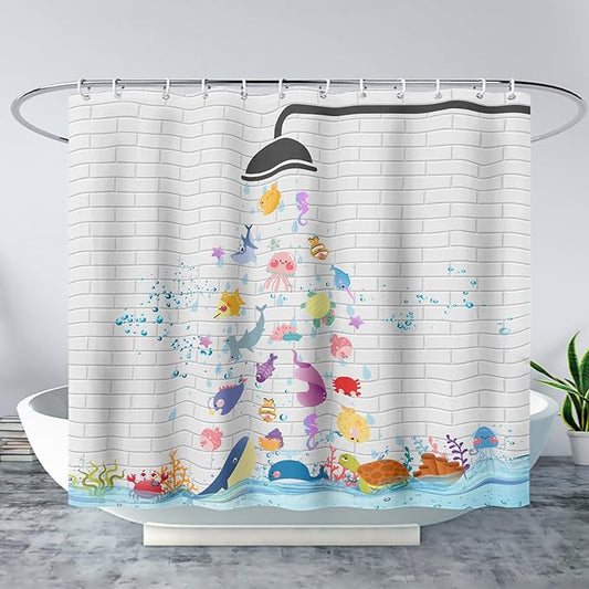 AILONEN Cute Fish Shower Curtain for Kids 60" W*72" H Inch,Raining Marine Animal Playing Water Shower Curtains,12 Pack Hooks Polyester Waterproof Fabric Decor for Bathroom Bathtub Panels