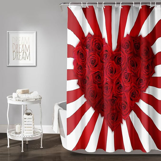 AILONEN Red Rose Hearts Print Shower Curtain for Bathroom, Romantic Flower Red and White Stripe Bathroom Decor 48" W*72" H Bath Curtain Polyester Waterproof Shower Curtain with 12 Hooks